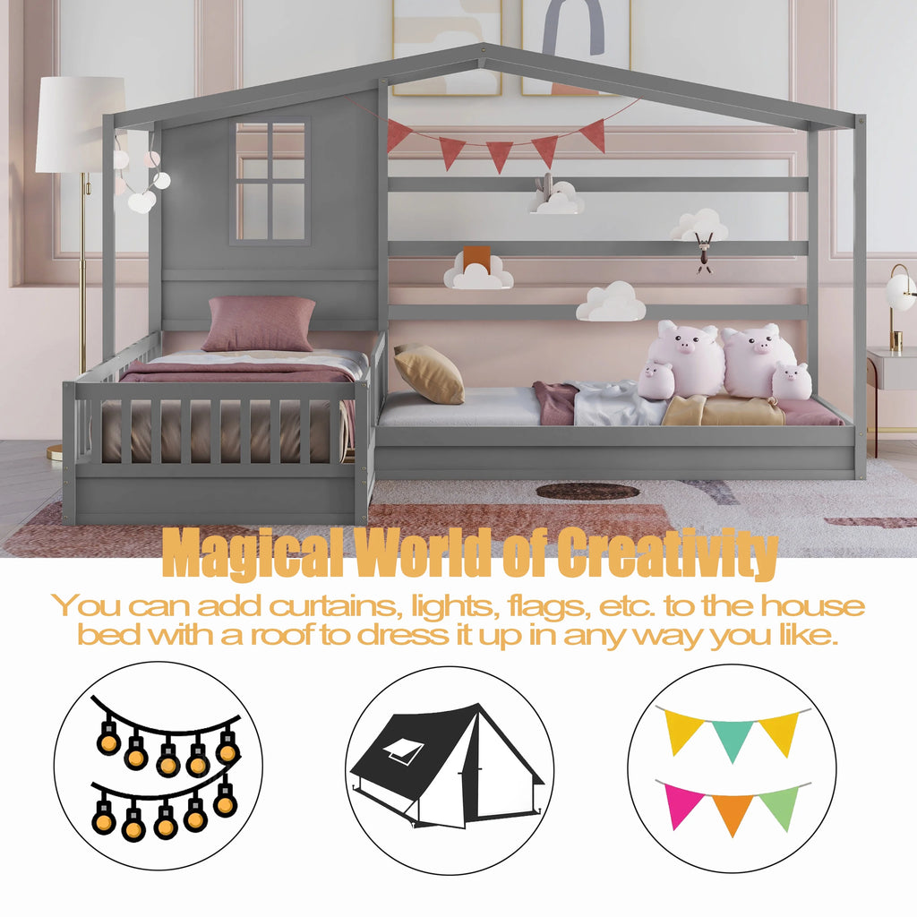 Wood L-Shape Twin Bed Frame with Roof and Fence Railings N73889
