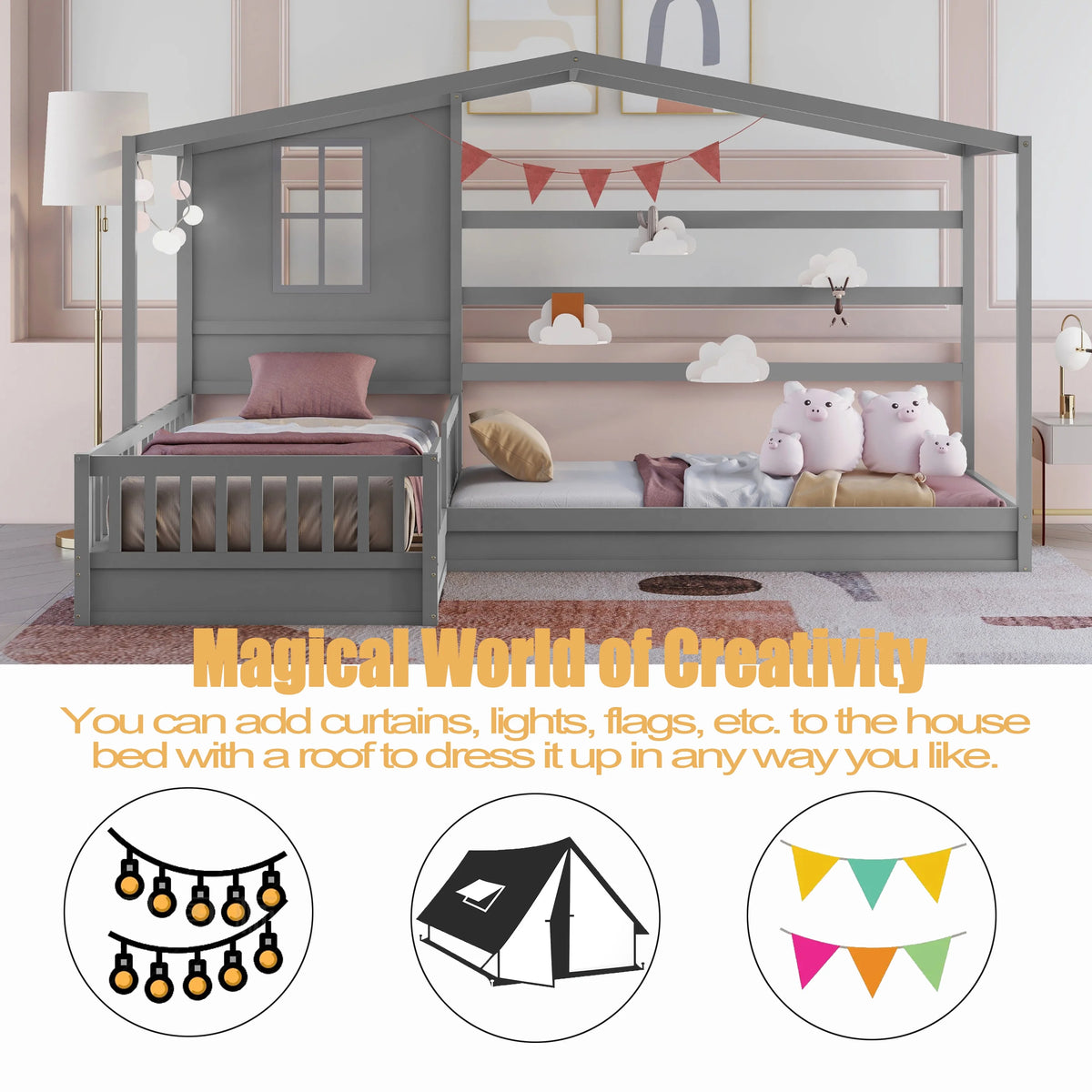 Wood L-Shape Twin Bed Frame with Roof and Fence Railings N73889
