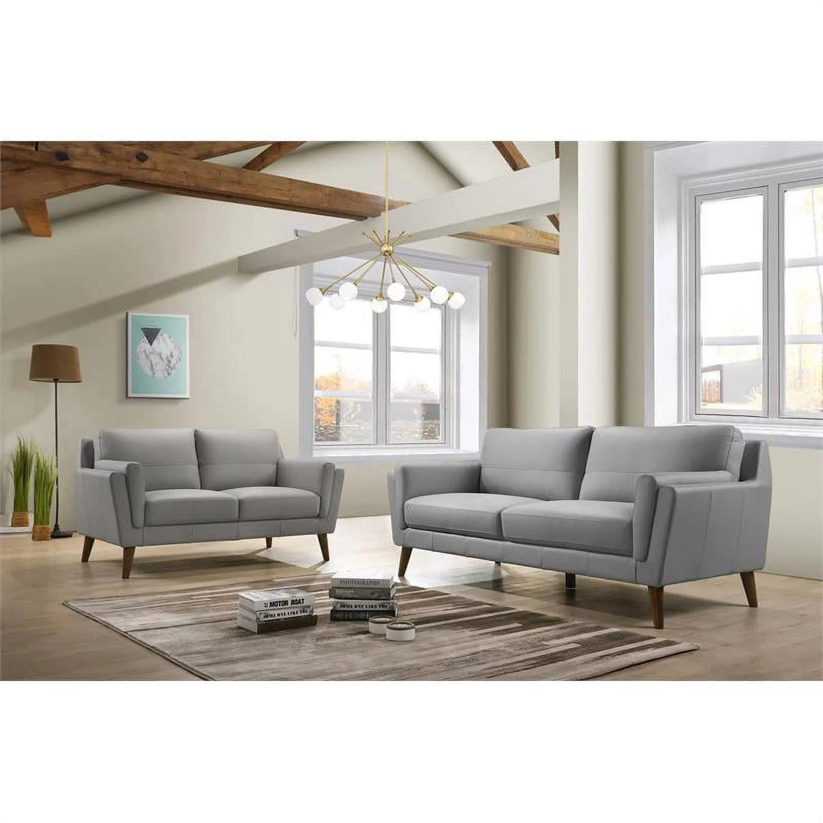 Light Gray Solid Wood Leather Match Loveseat and Sofa I56799