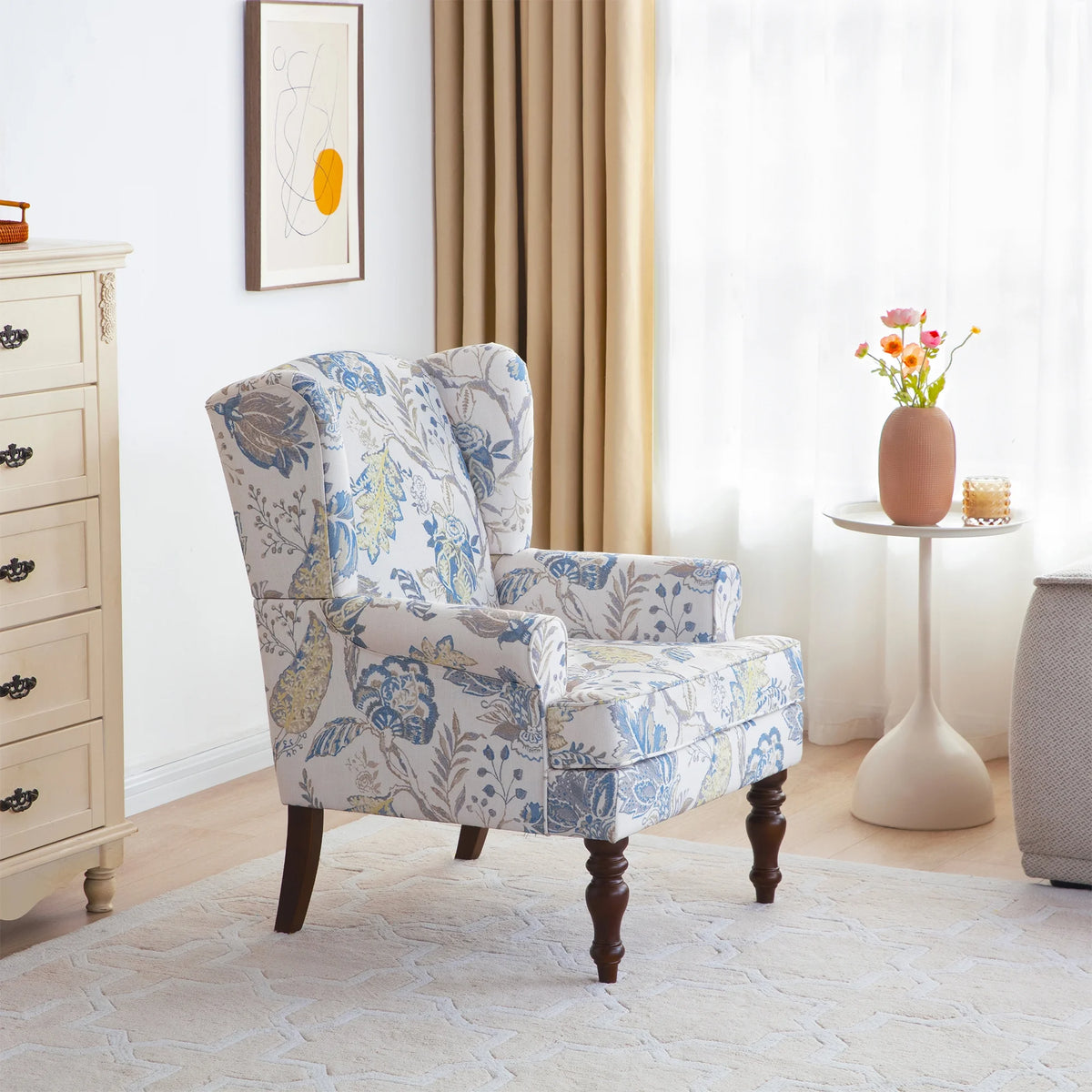 Blue Floral Print Upholstered Wingback Accent Chair with Solid Wood Legs G466580