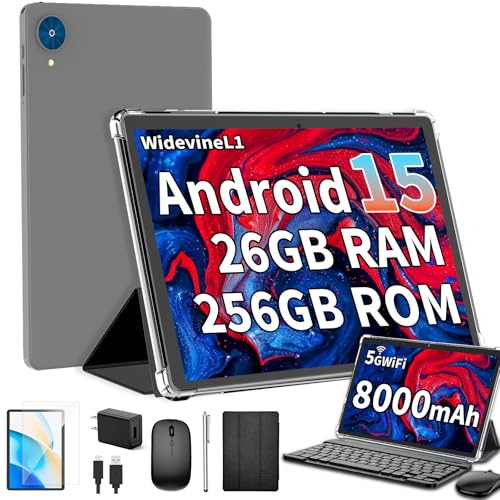 Android 15 Tablet with Keyboard, 26GB+256GB, 10.1 Inch, 8000 mAh, 5G WiFi, Dual Camera, 2 in 1, Black M110
