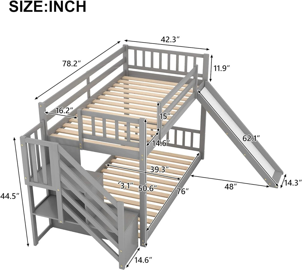 Grey Wood Bunk Bed with Stairs and Slide N953