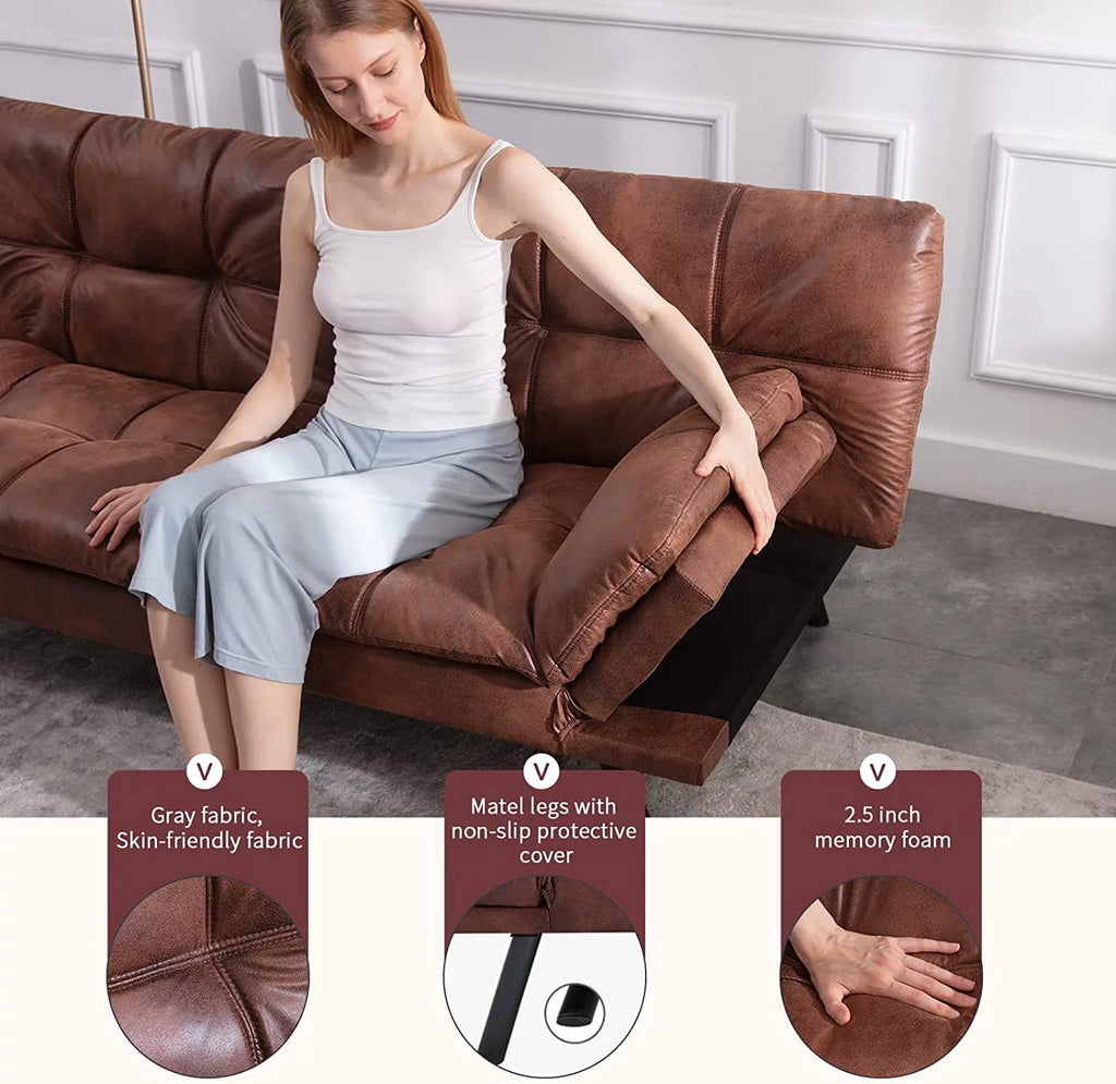 Leather Convertible Memory Foam Futon Sofa Bed with Mattress D155