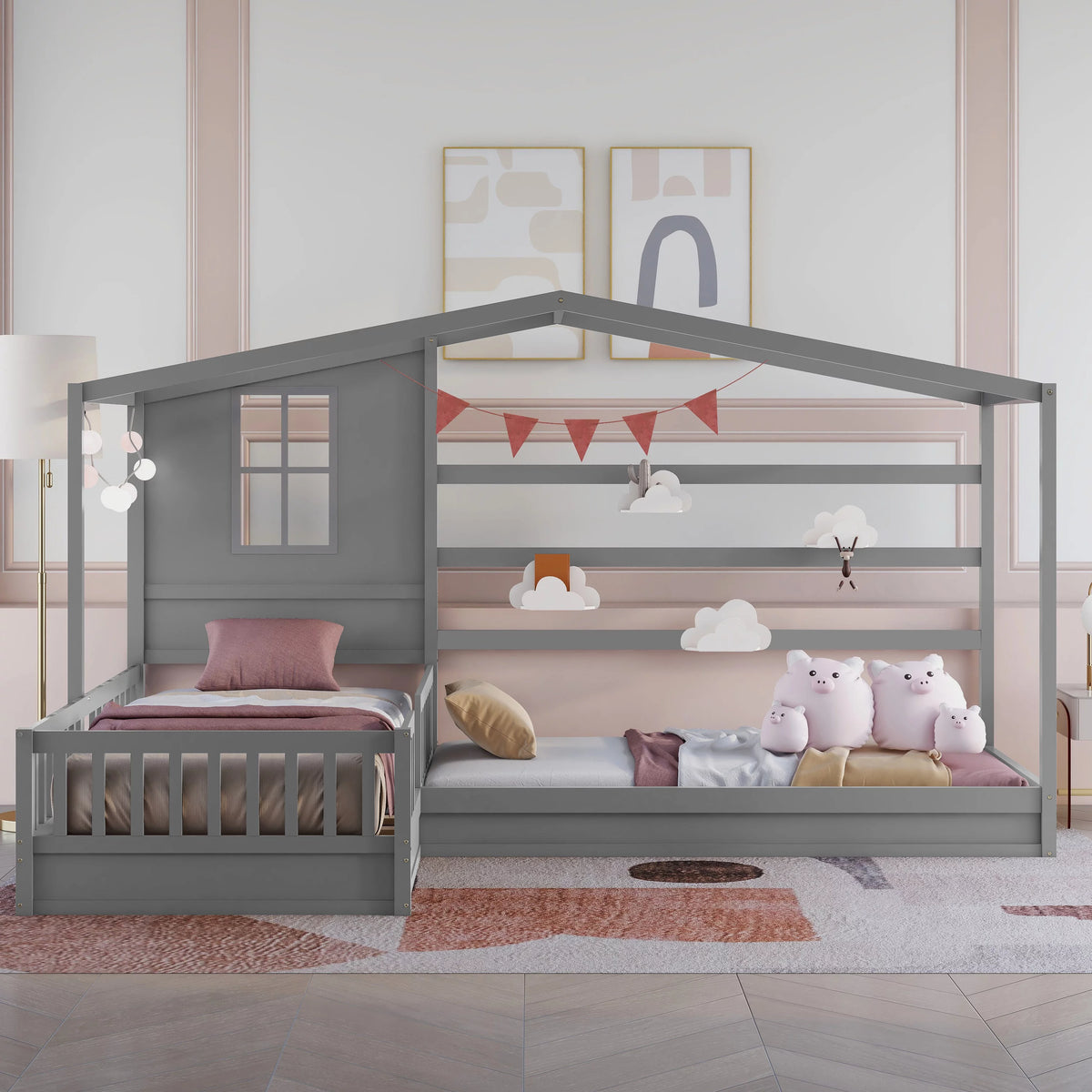 Wood L-Shape Twin Bed Frame with Roof and Fence Railings N73889
