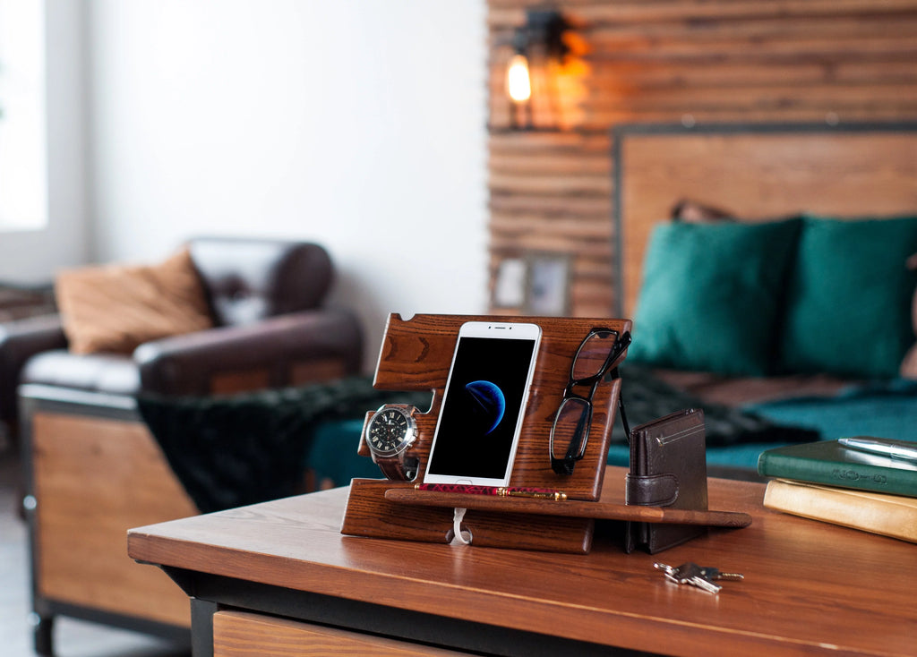 Wood Phone Docking Station Key Holder Wallet Stand Watch Organizer C84080