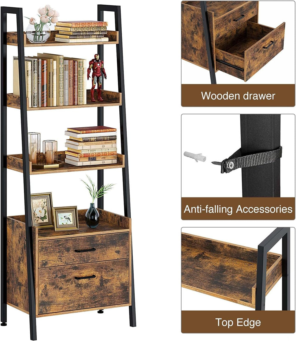 4 Tier Wood Ladder Shelf with 2 Drawers J239