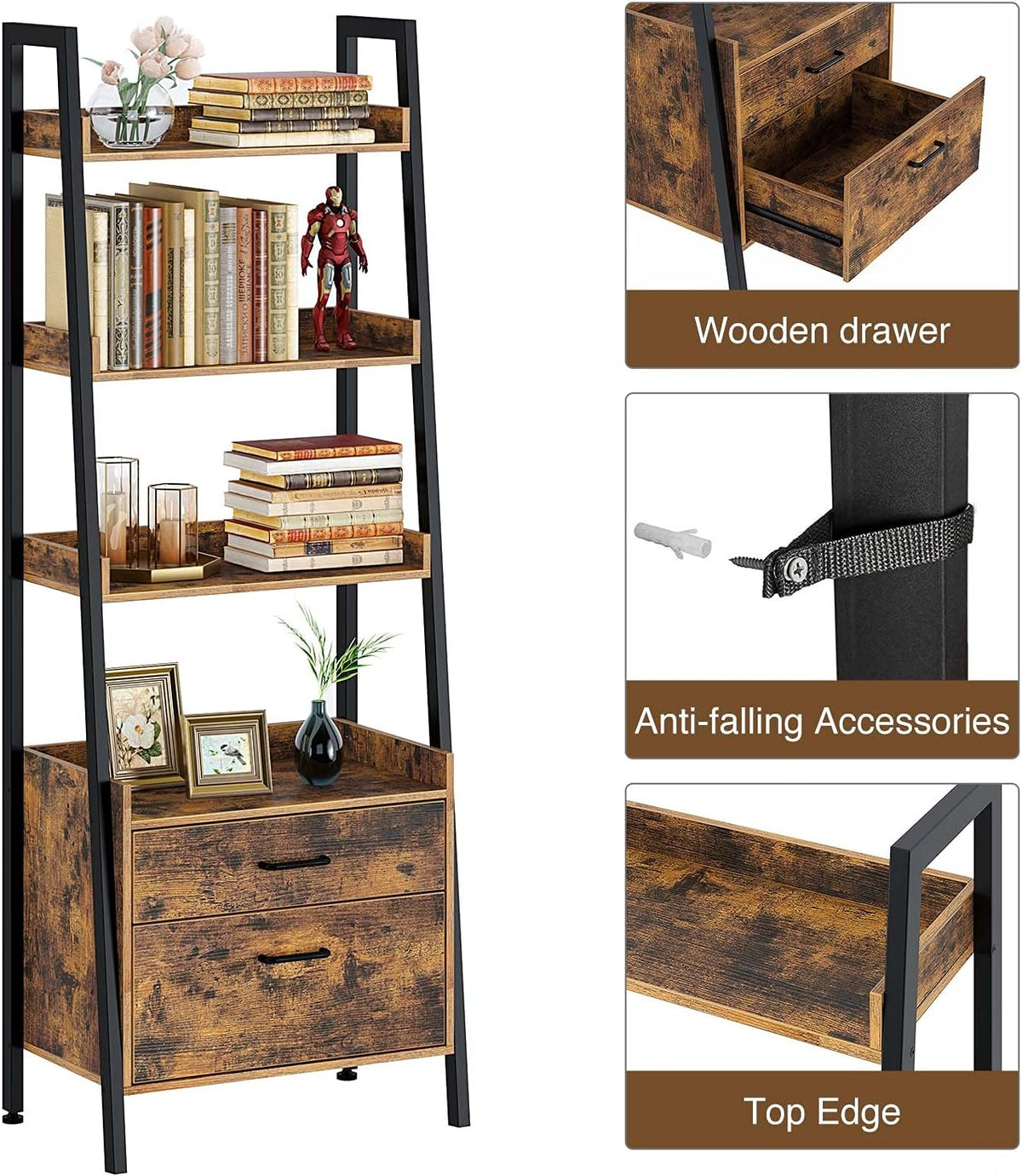 4 Tier Wood Ladder Shelf with 2 Drawers J239