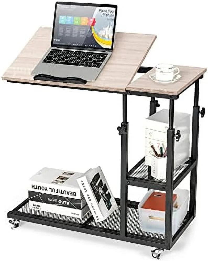 Height Adjustable C Shaped End Table with Wheels and Shelves L435025