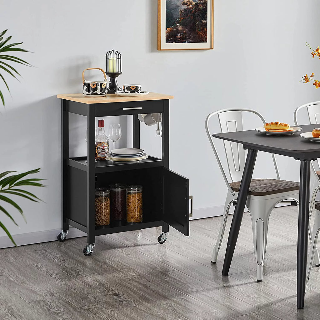 Black Kitchen Island on Wheels with Wood Top and Drawer K546