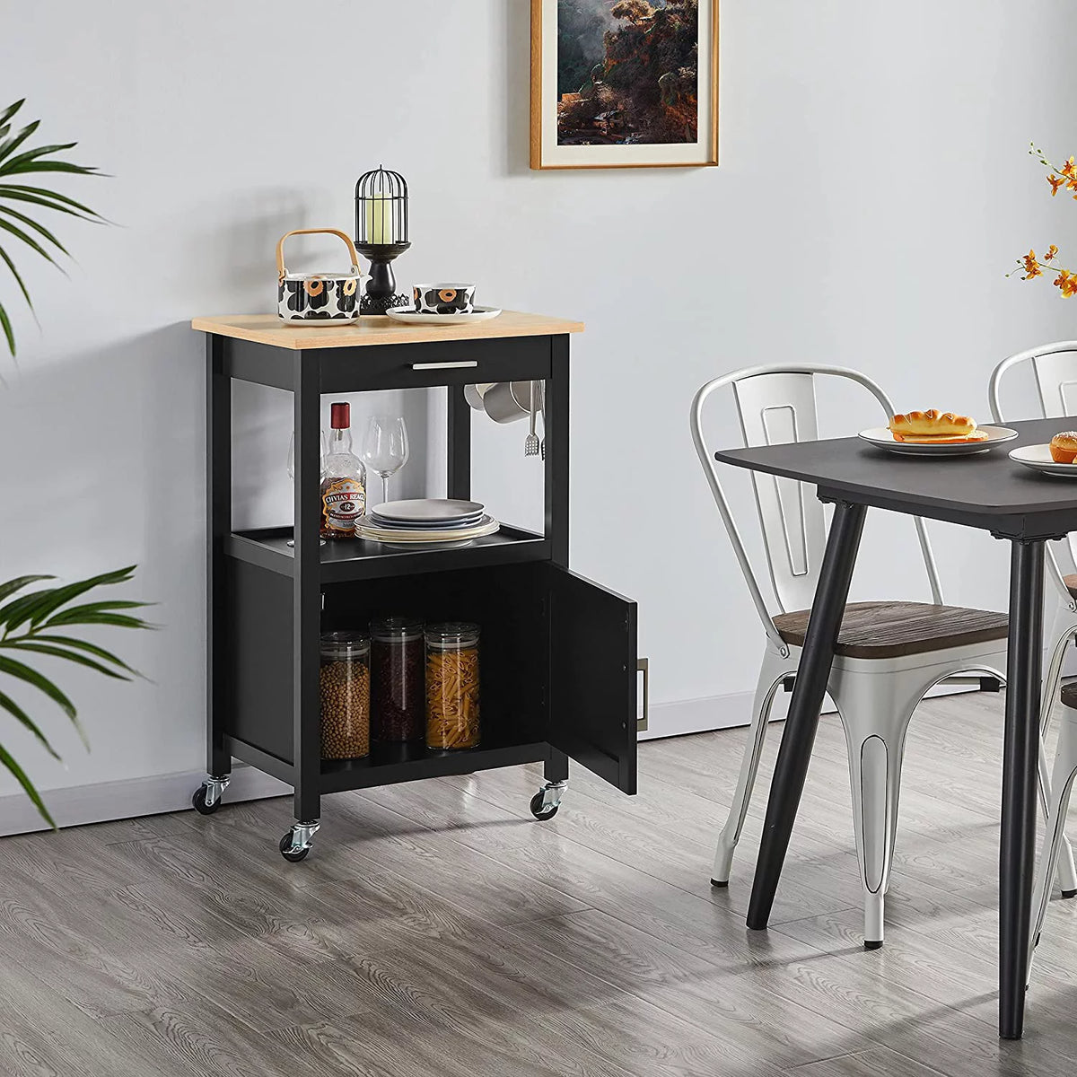 Black Kitchen Island on Wheels with Wood Top and Drawer K546