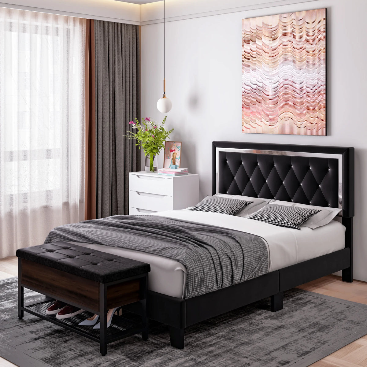 Queen Size Upholstered Platform Bed with Adjustable Headboard F104622