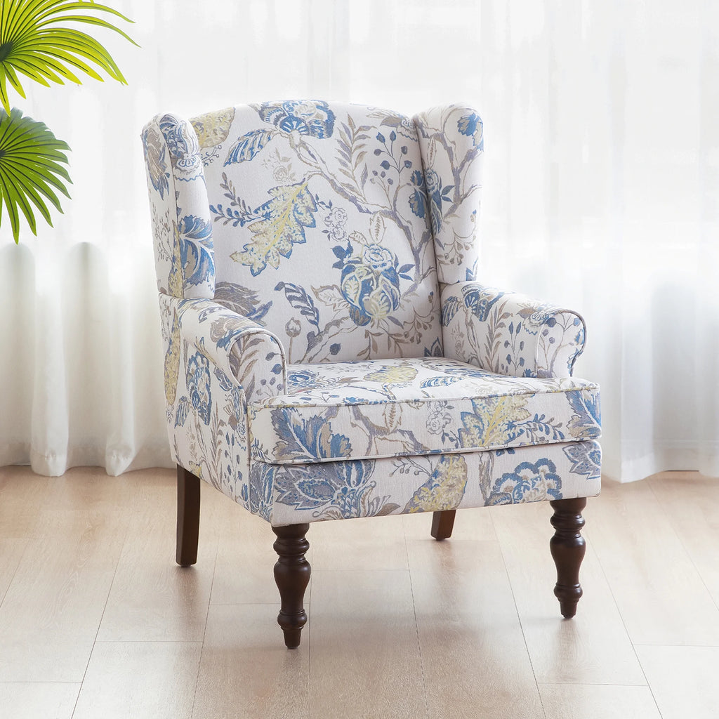 Blue Floral Print Upholstered Wingback Accent Chair with Solid Wood Legs G466580