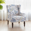 Blue Floral Print Upholstered Wingback Accent Chair with Solid Wood Legs G466580