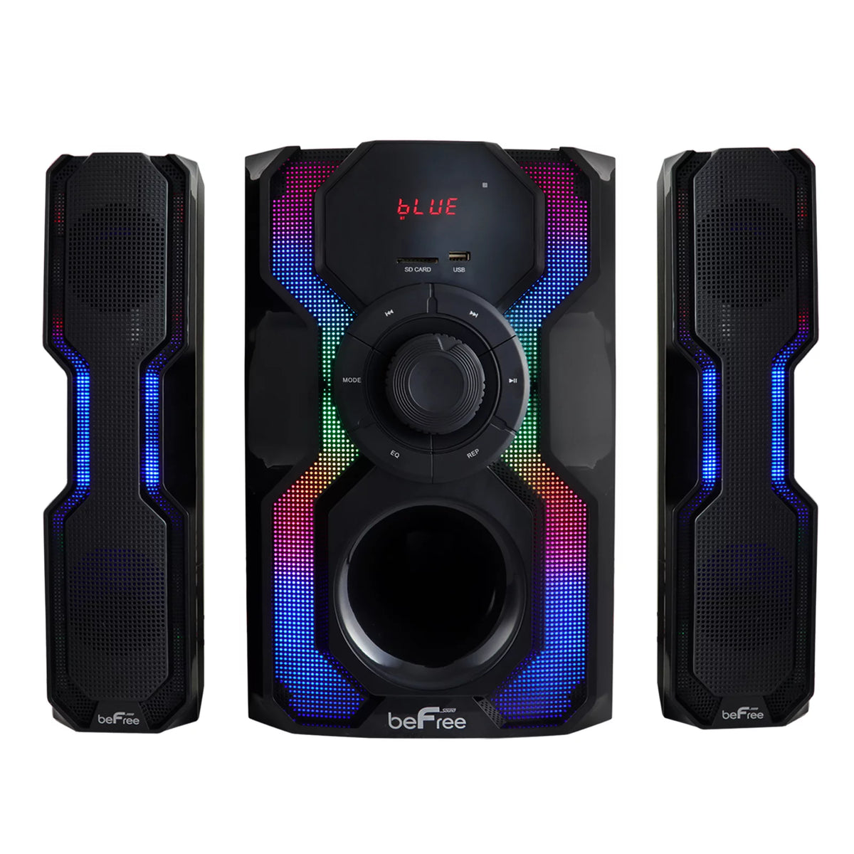 2.1 Channel Bluetooth Wired Speaker Stereo System with LED Lights, FM Radio, USB & SD Inputs - Black & Silver J6848