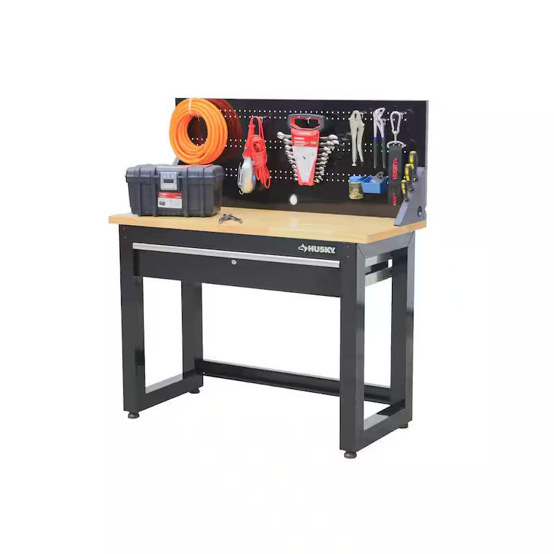Black Solid Wood Top Workbench with Pegboard and 1 Drawer V3184