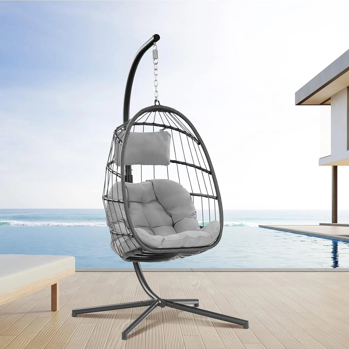 Egg Swing Chair with Bracket Outdoor Rattan Wicker Basket Hammock Chair with Aluminium Steel Frame and UV Cushion E420601