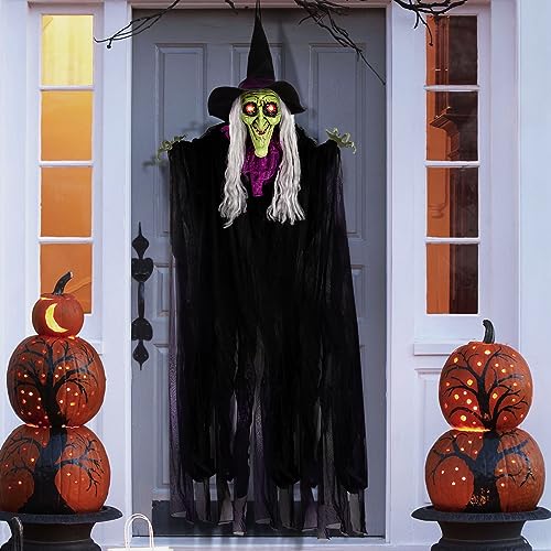 59” Animated Hanging Witch Halloween Decoration with Glowing Eyes and Sounds R4759
