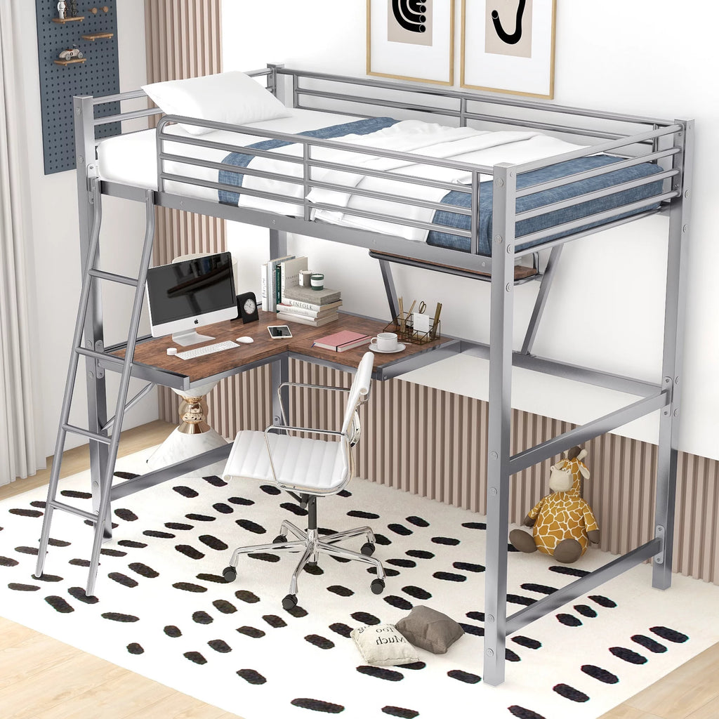 Twin Size Metal Loft Bed with Desk and Storage Shelf D85876