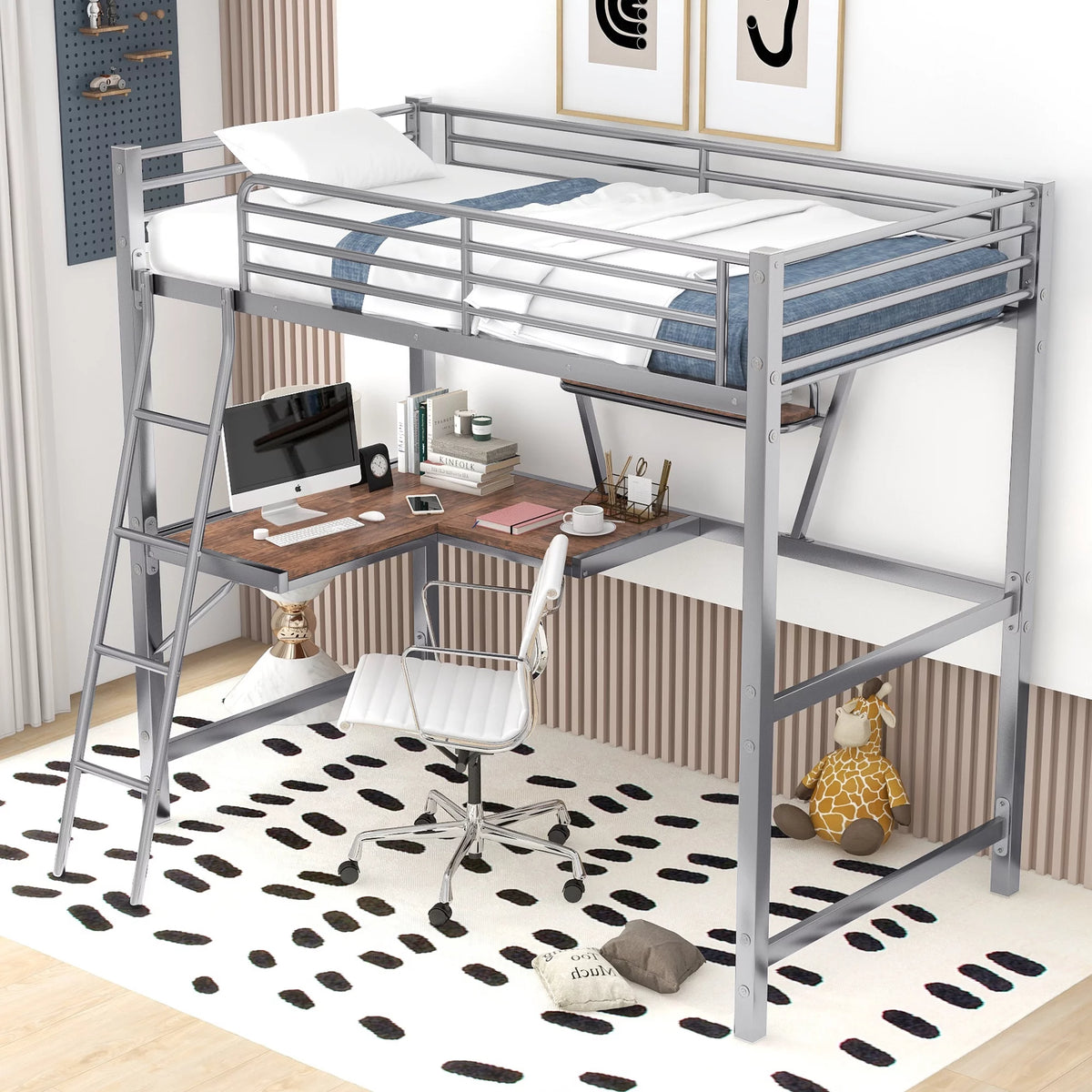 Twin Size Metal Loft Bed with Desk and Storage Shelf D85876