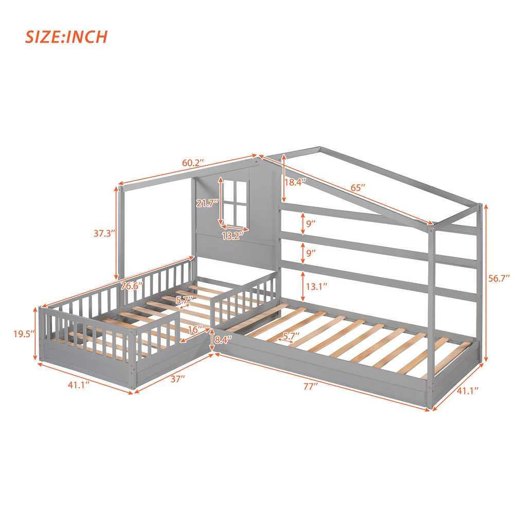 Wood L-Shape Twin Bed Frame with Roof and Fence Railings N73889