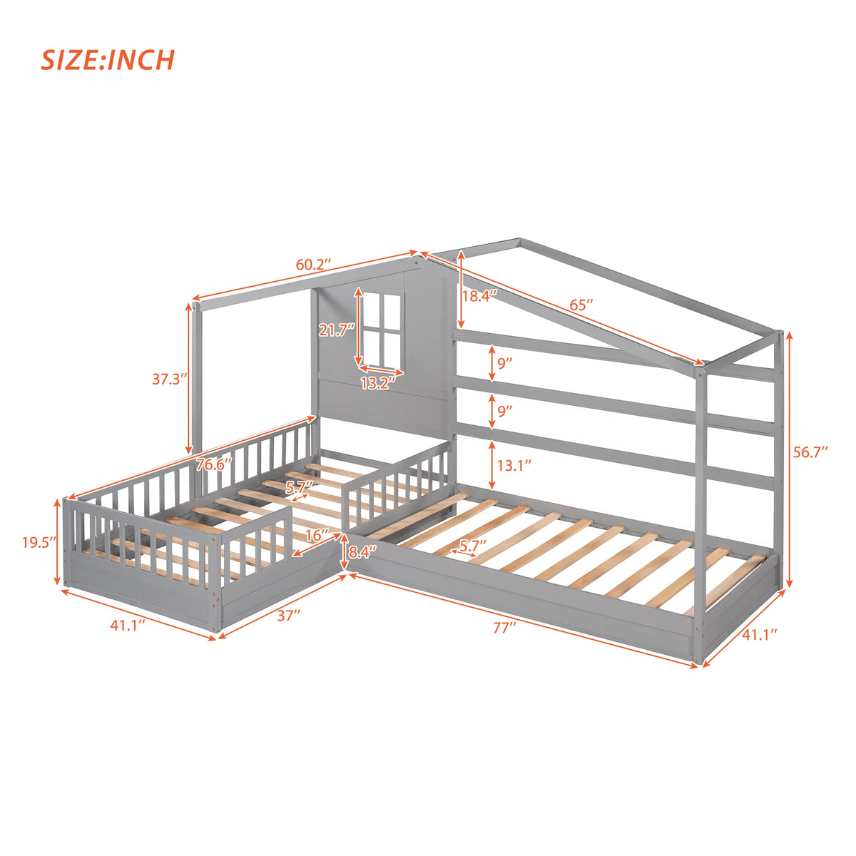 Wood L-Shape Twin Bed Frame with Roof and Fence Railings N73889