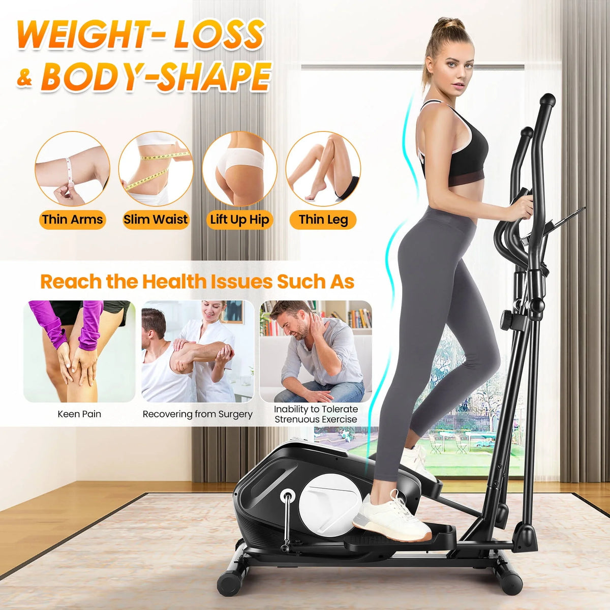 Elliptical Machine with Heart Rate Sensor LCD Monitor 15inch Stride Length Black Y2827