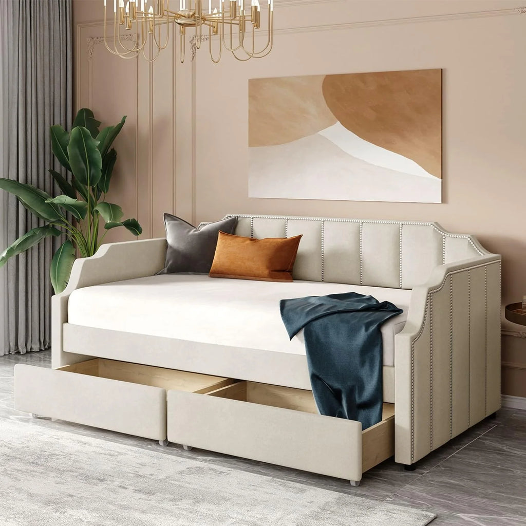Beige Upholstered Daybed with Storage and Two Drawers L26089
