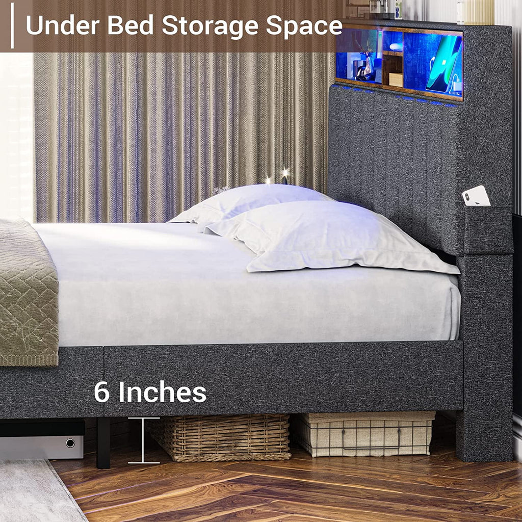 Dark Grey Queen Upholstered Platform Bed Frame with Storage Headboard L74027