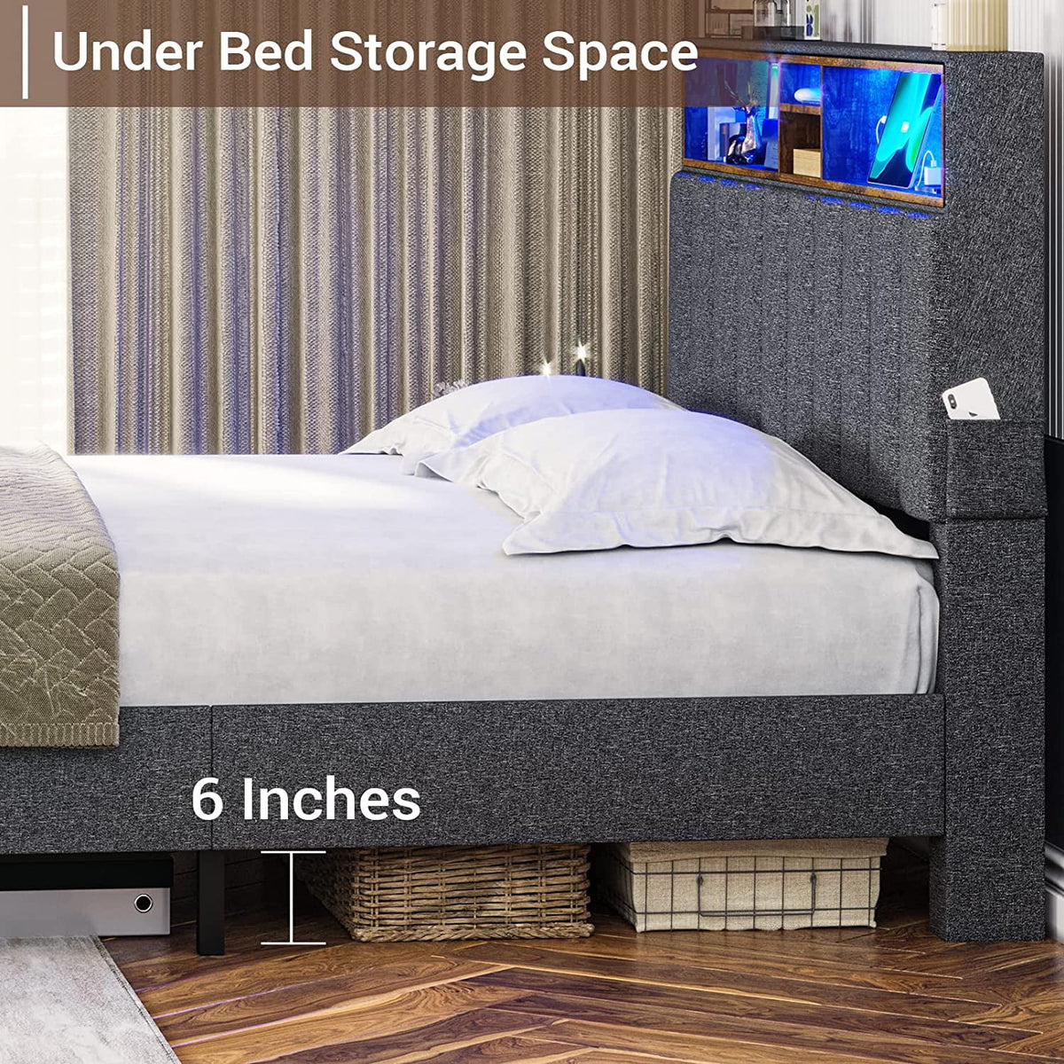 Dark Grey Queen Upholstered Platform Bed Frame with Storage Headboard L74027