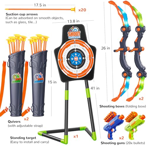 2 Pack LED Light Up Bow and Arrow Toy with 20 Suction Cup Arrows L999