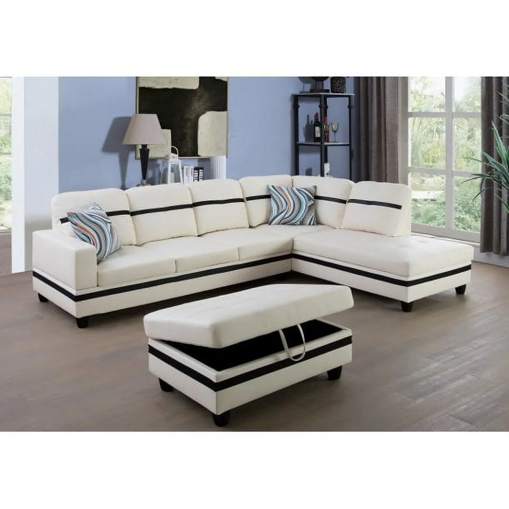 White Faux Leather Left Hand Facing Sofa & Chaise with Ottoman G64129