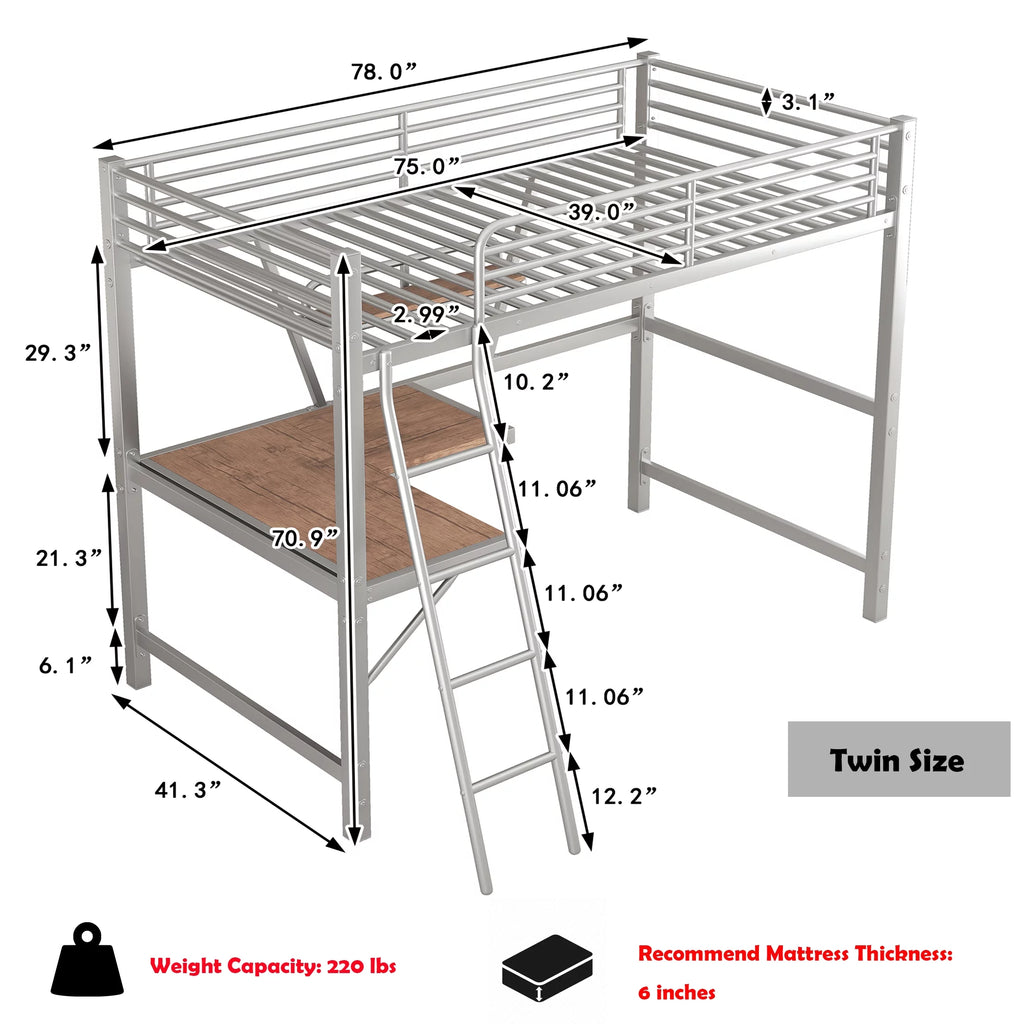 Twin Size Metal Loft Bed with Desk and Storage Shelf D85876