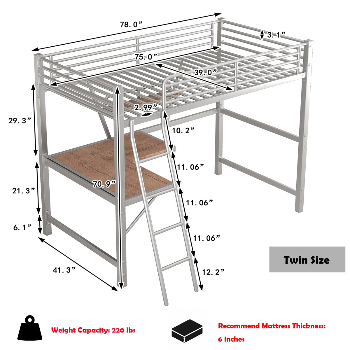 Twin Size Metal Loft Bed with Desk and Storage Shelf D85876