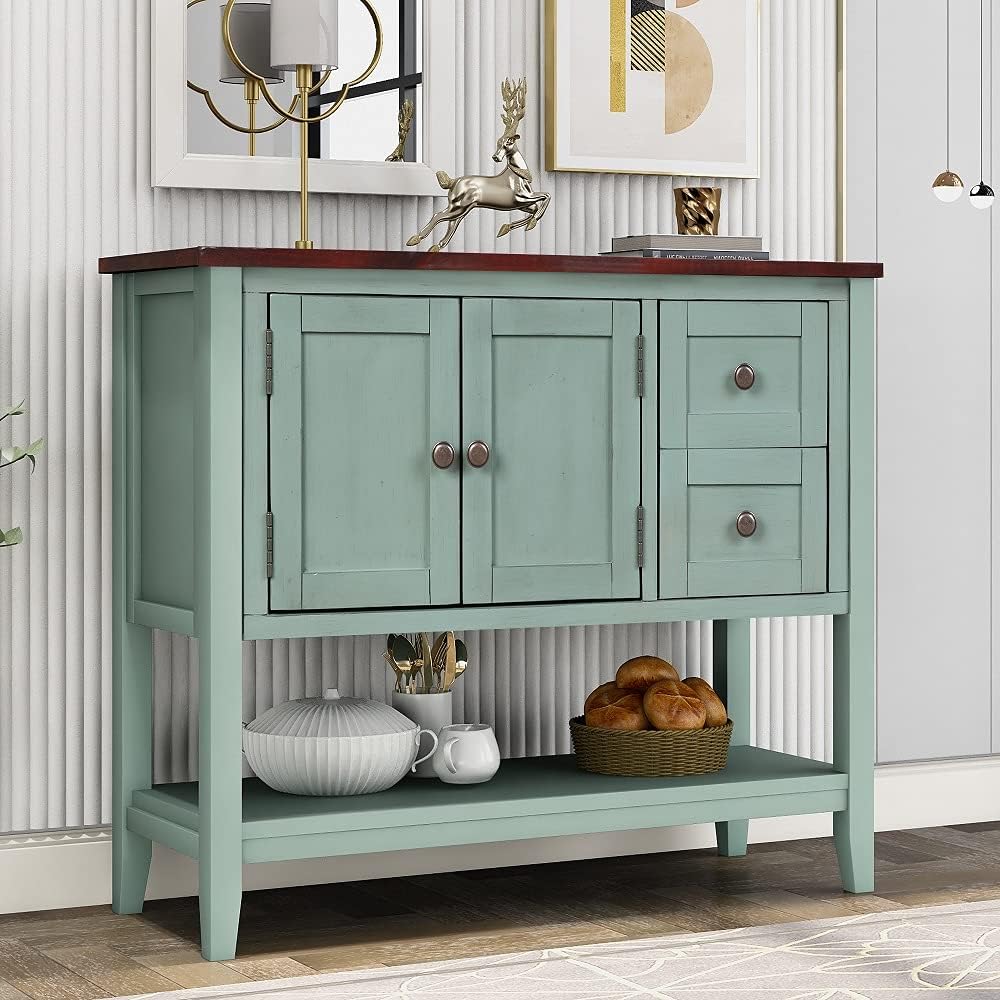 Green Wood Console Table with 2 Drawers W436