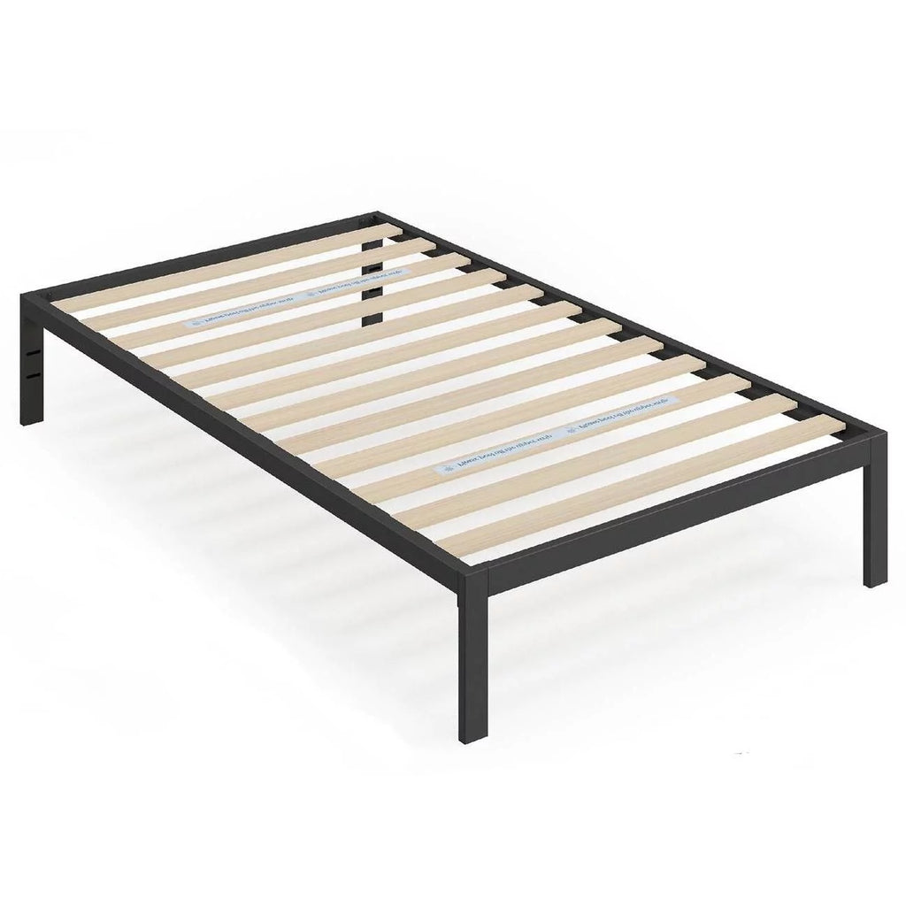Black Metal Twin Platform Bed Frame with Wood Slats T3956