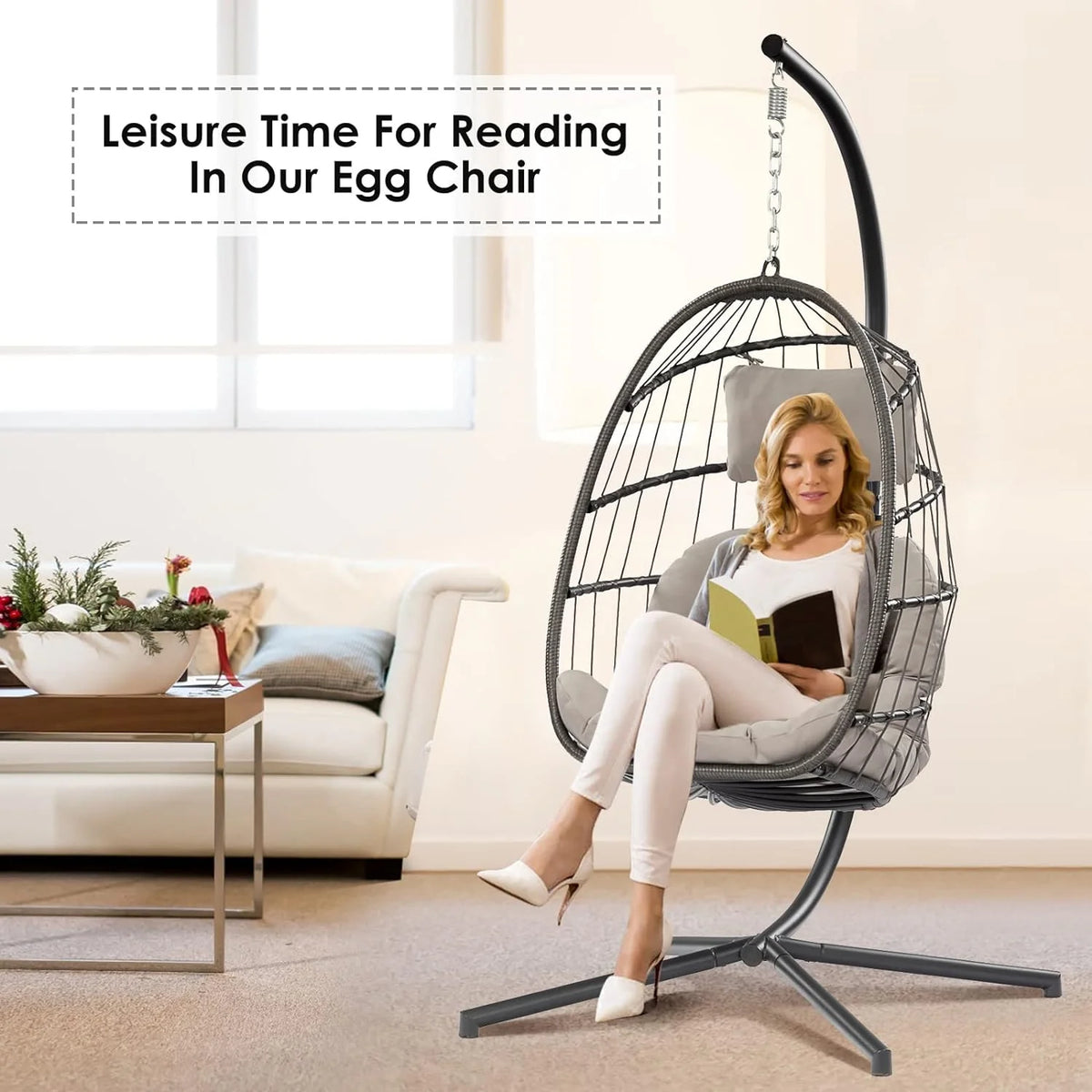 Egg Swing Chair with Bracket Outdoor Rattan Wicker Basket Hammock Chair with Aluminium Steel Frame and UV Cushion E420601