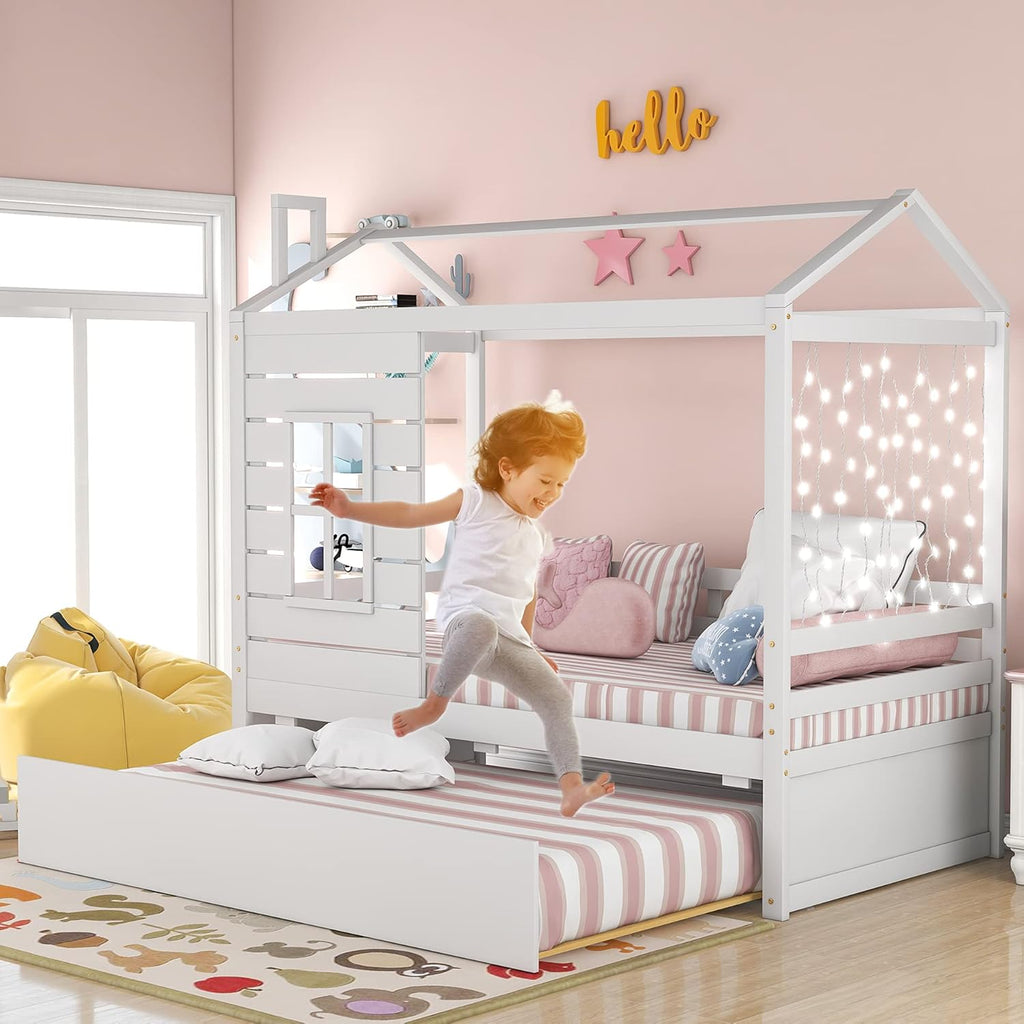 White Twin House Bed with Trundle T149278