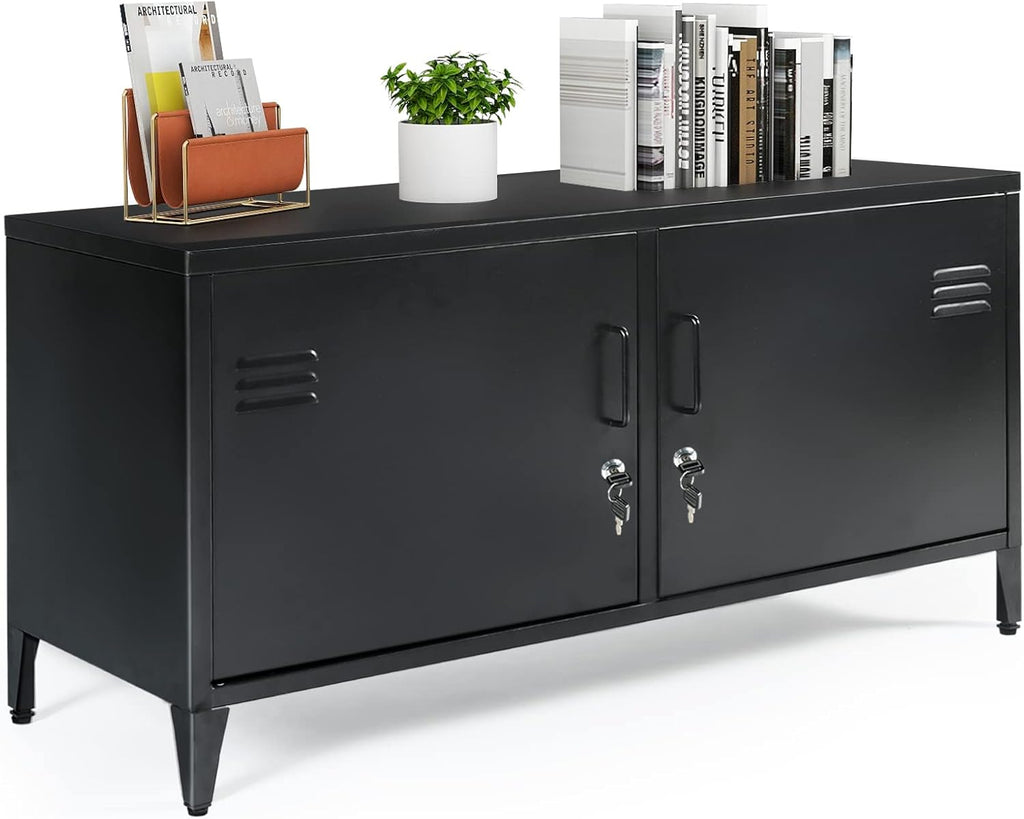 Black 2 Door Metal Storage Cabinet with 2 Shelves L5088