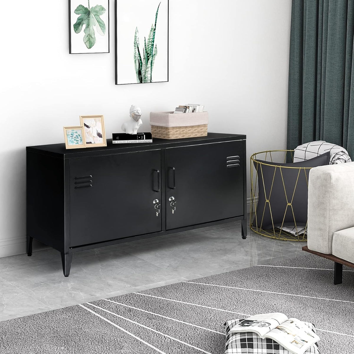 Black 2 Door Metal Storage Cabinet with 2 Shelves L5088
