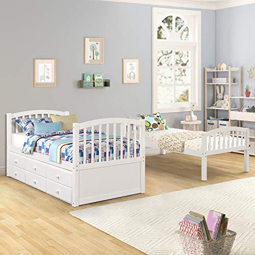 White Twin Bunk Bed with Ladder, Safety Rail and Trundle P797155