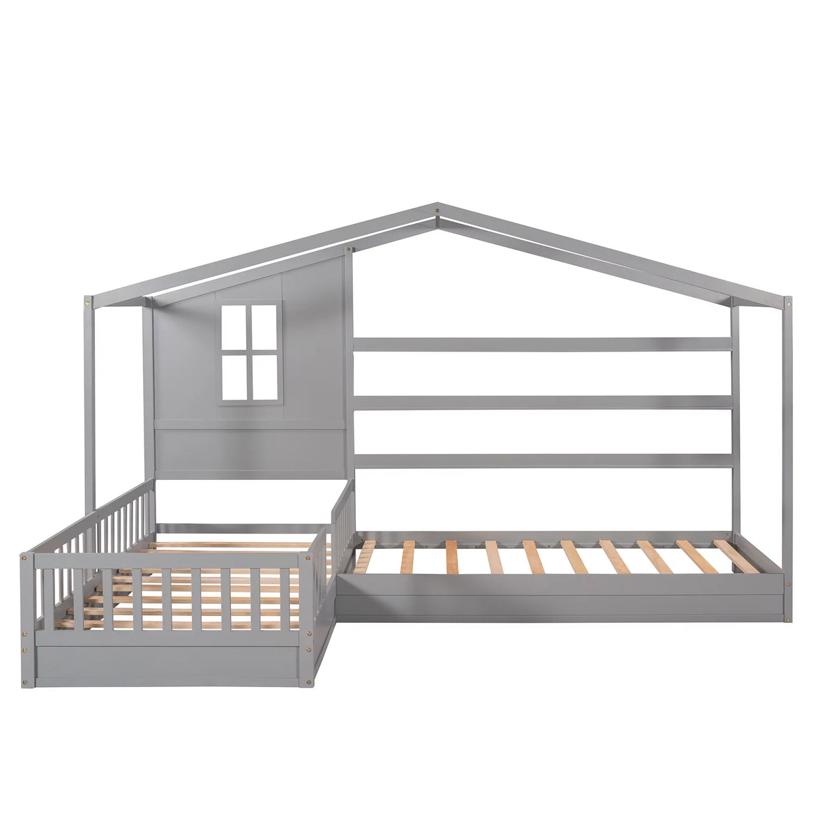 Wood L-Shape Twin Bed Frame with Roof and Fence Railings N73889