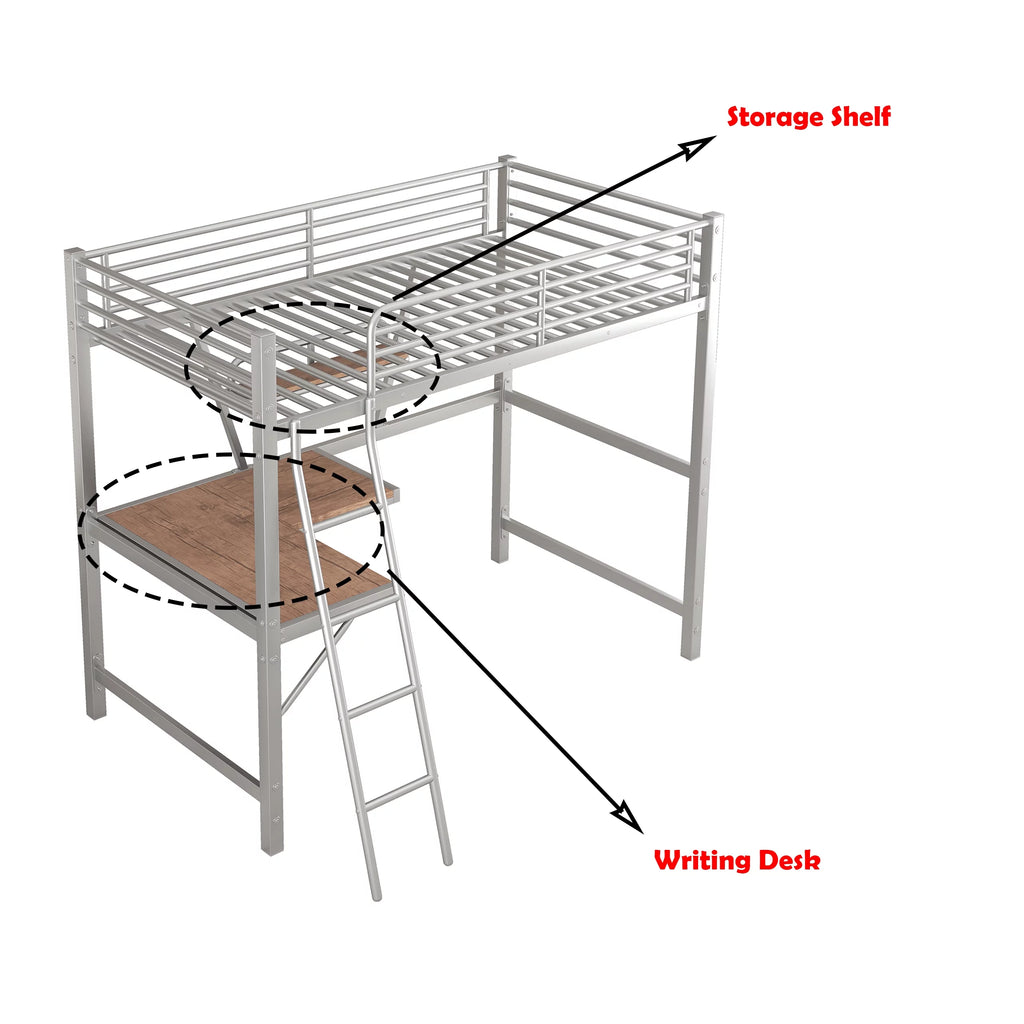 Twin Size Metal Loft Bed with Desk and Storage Shelf D85876
