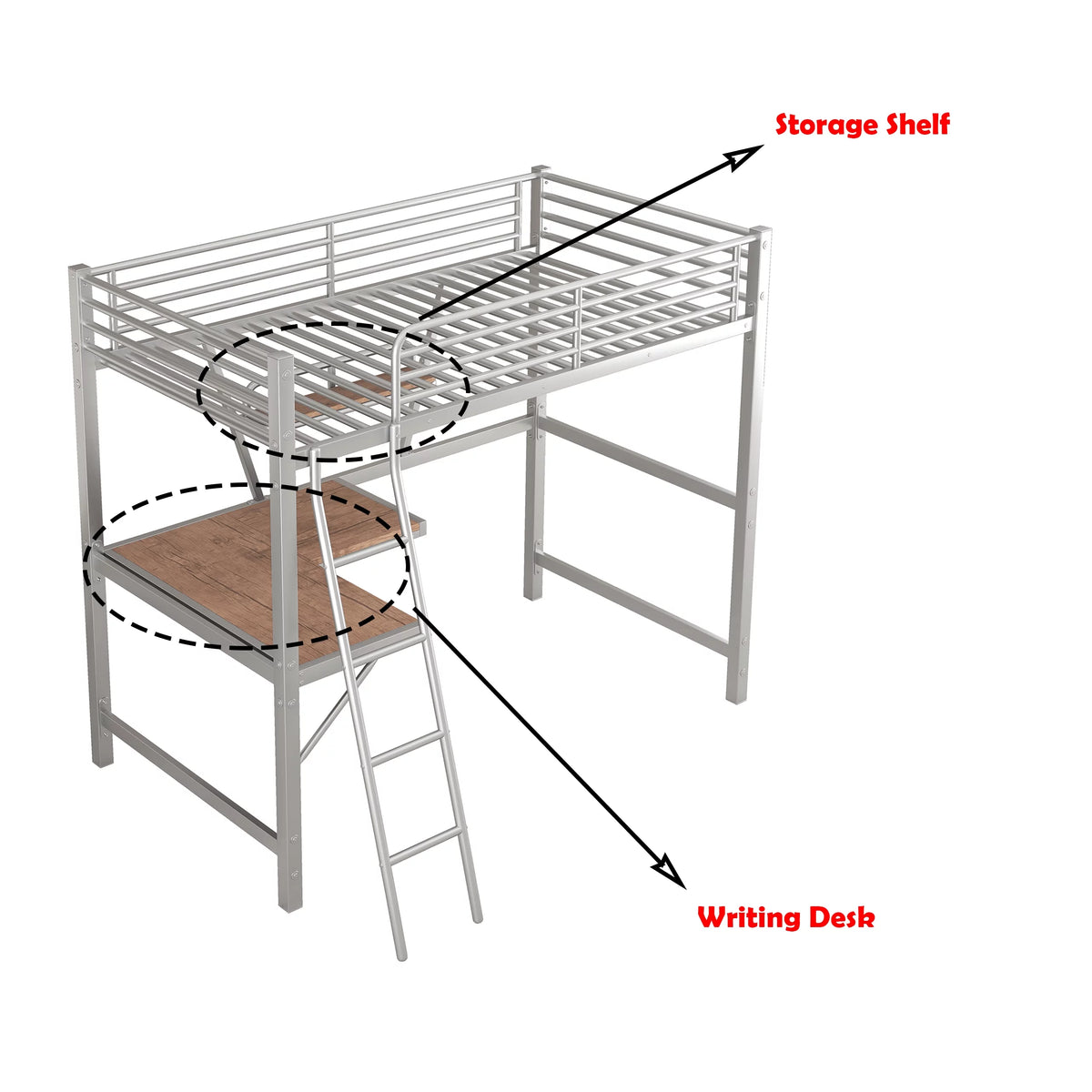 Twin Size Metal Loft Bed with Desk and Storage Shelf D85876