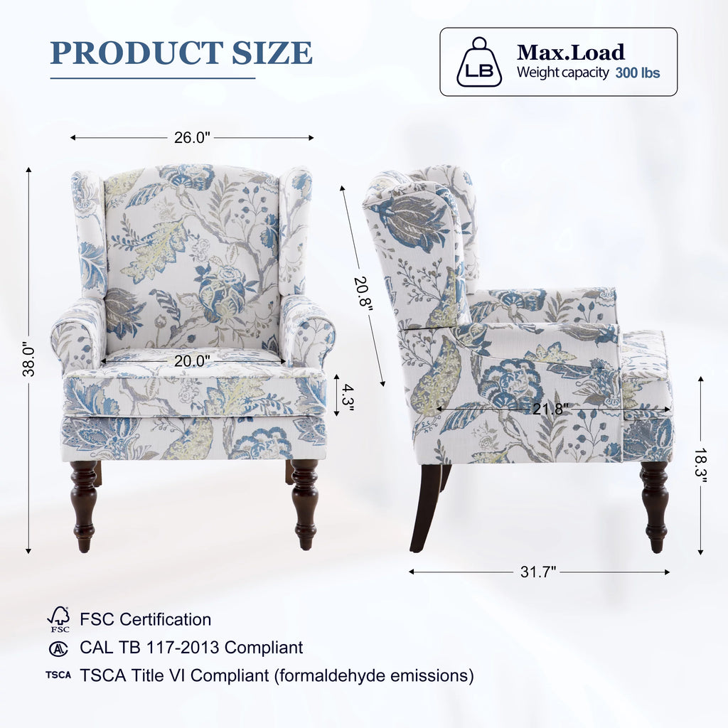 Blue Floral Print Upholstered Wingback Accent Chair with Solid Wood Legs G466580