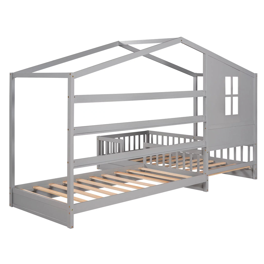 Wood L-Shape Twin Bed Frame with Roof and Fence Railings N73889