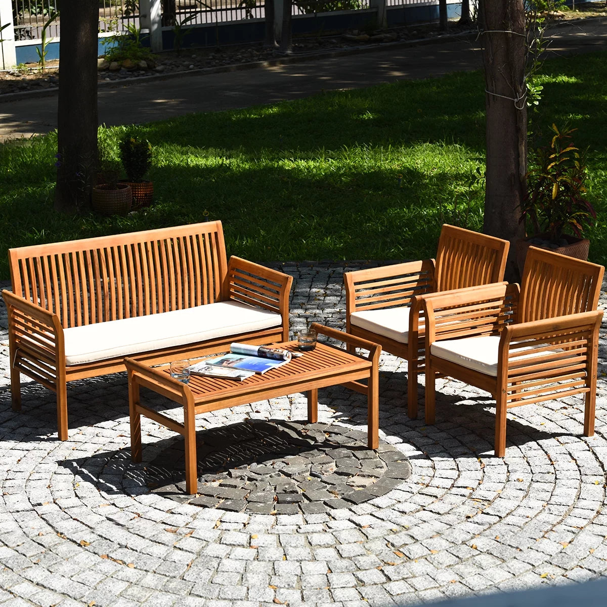 4 PCS Acacia Wood Cushioned Sofa Set F619