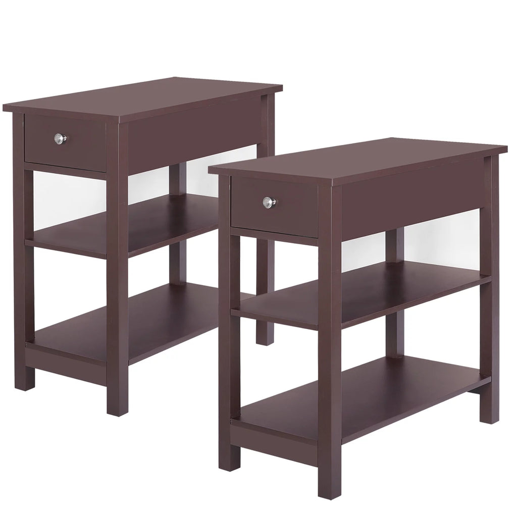 2 Pack 3-Tier Narrow MDF End Table with Drawer & Storage Shelf H55133