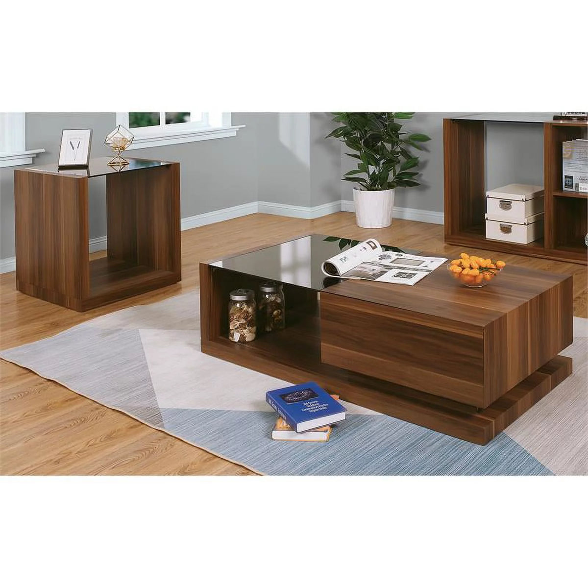 Contemporary Wood 2-Piece Coffee Table Set in Walnut Y55855