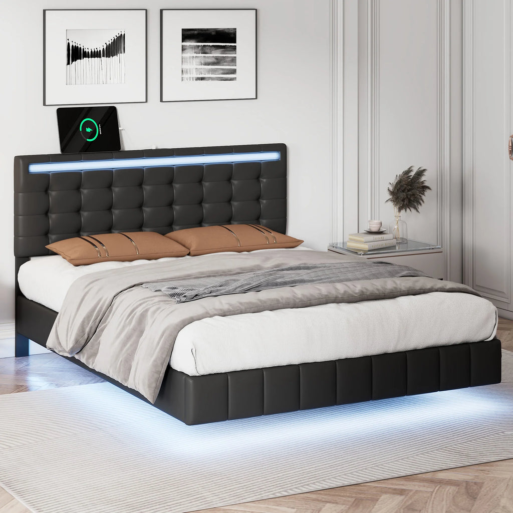 Full Size Black Upholstered Platform Bed Frame with LED Lights and USB Charging W415