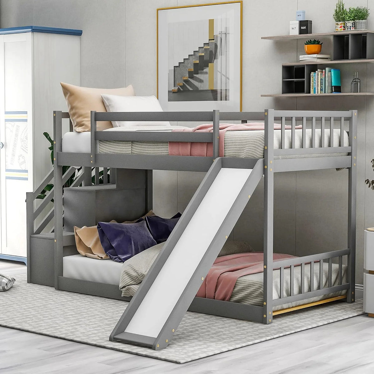 Grey Wood Bunk Bed with Stairs and Slide N953